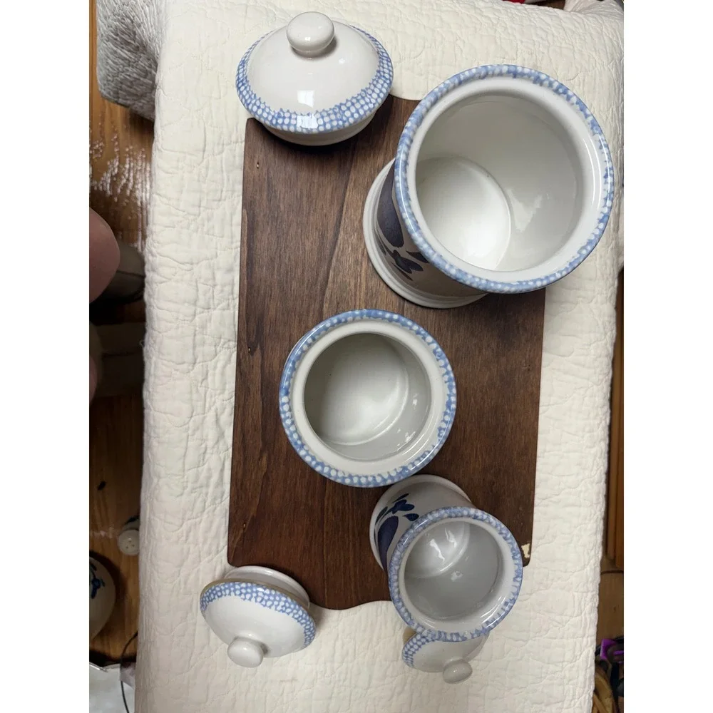 Vintage 1996 ABC Distributing Blue Heart Ceramic Canister Set 3 Piece Farmhouse